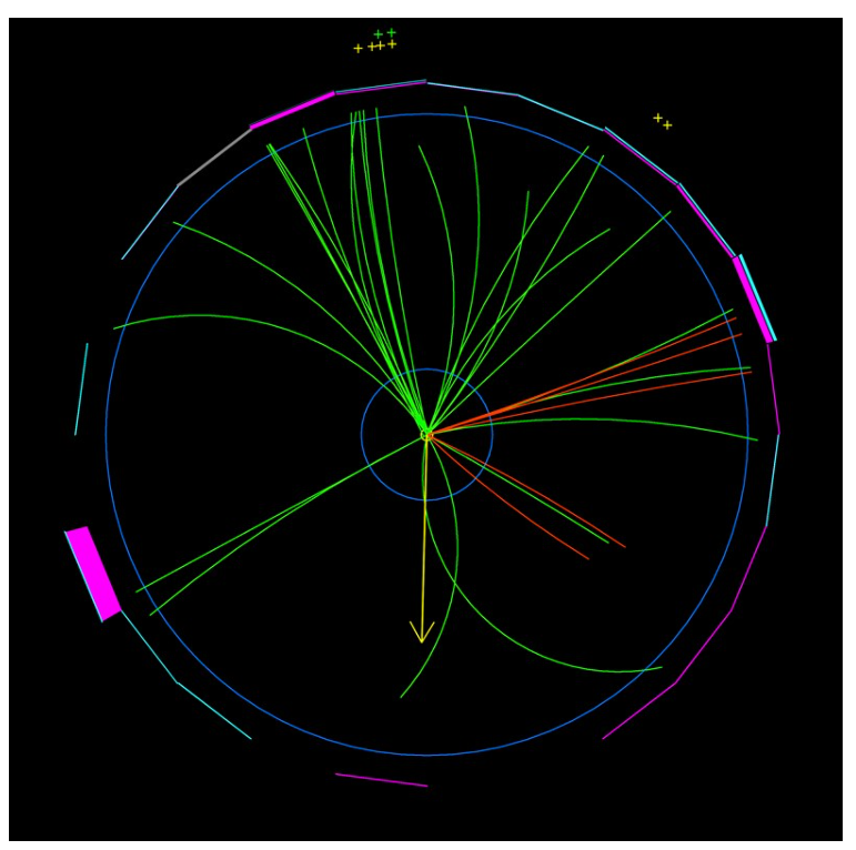 Fermilab의 CDF 검출기에서 입자 충돌의 컴퓨터 이미지는 W 보손이 양전자(자홍색 블록, 왼쪽 아래)와 보이지 않는 중성미자로 붕괴하는