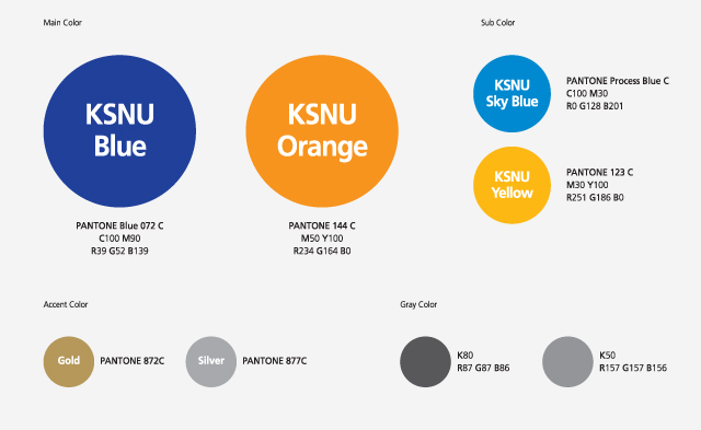 국립군산대학교전용색상
main color:KSNU Blue : pantone blue 072 C , C100, M90, R39, G52, B139/
KSNU Orange:pantonte 144C, M50, Y100, R234, G164, B0/
sub color : KSNU sky blue : PANTONE process Blue C, C100, M30, R0, G128, B201/
KSNU yellow : pantone 123C, M30, Y100, R25, G186 B0/
Accent color : Gold:pantone 872C/
Siver:pantone 877C/ 
Gray color : K80, RB7,  G87, B8/
K50, R157, G156