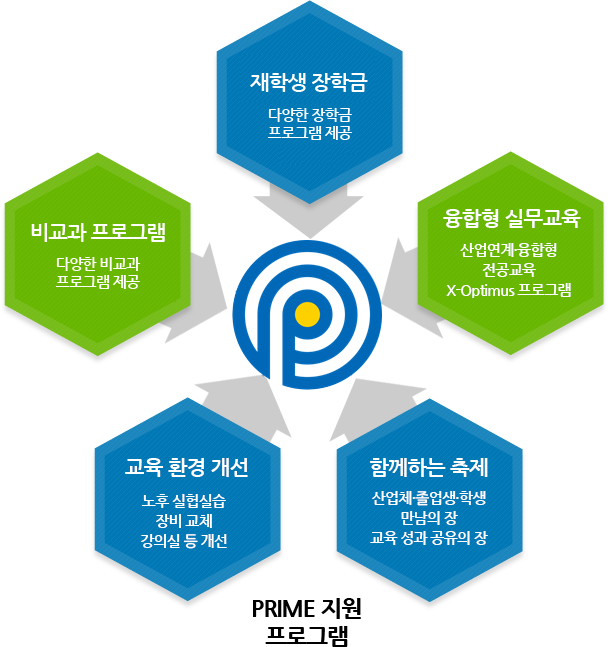 프라임 지원 프로그램 (재학생 장학금/ 신입생 장학금 / 융합형 실무교육 / 교육환경 개선 / 함께하는 축제)