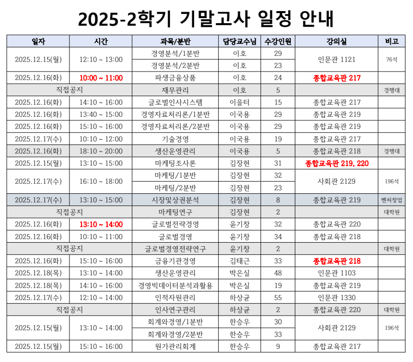 2025학년도 2학기 기말고사 시험 장소 및 시간 안내 이미지(1)