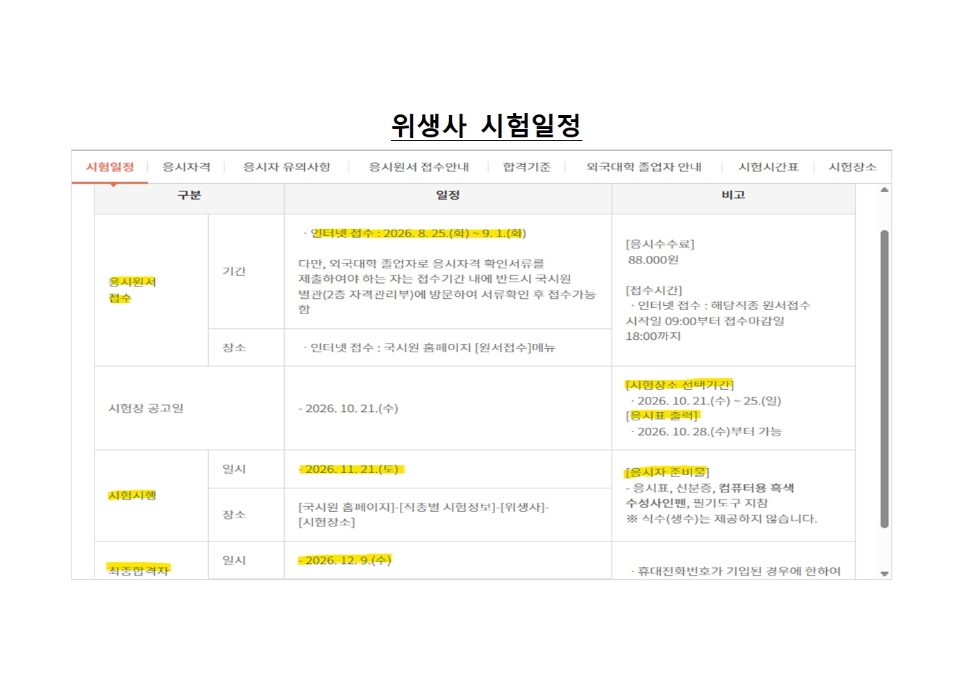 2026학년도 48회 위생사 시험일정
