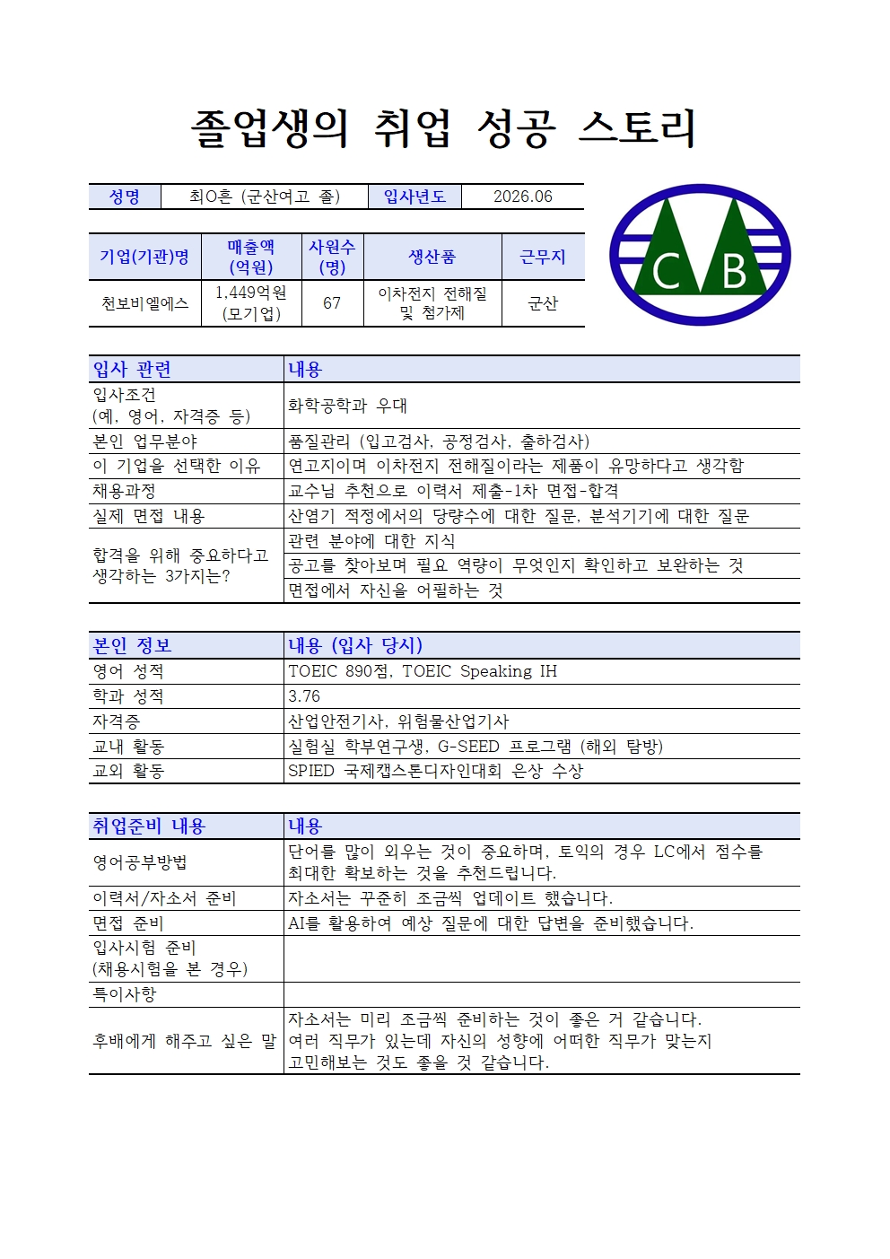 [취업후기] 천보비엘에스 최O흔 (군산여고 졸)