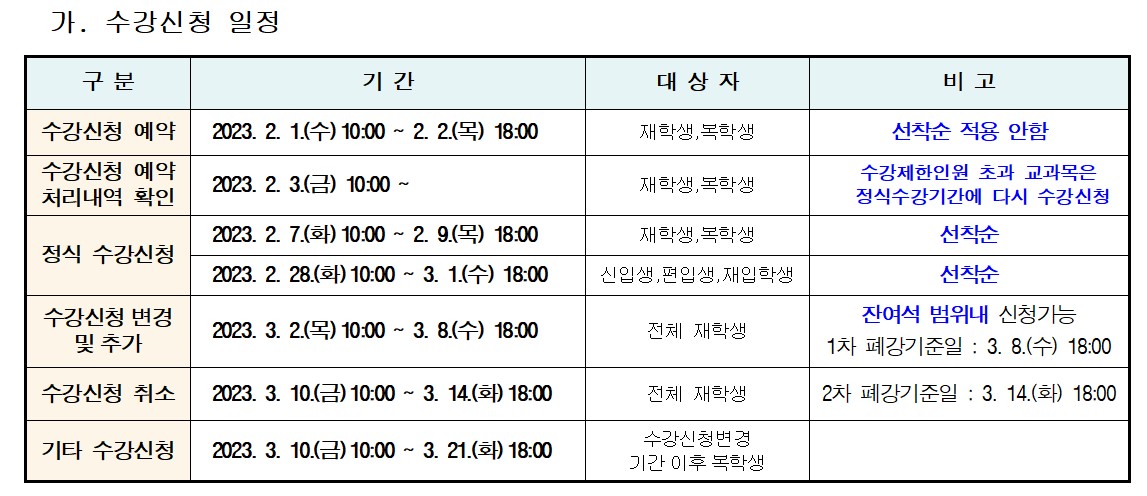 수강신청일정표