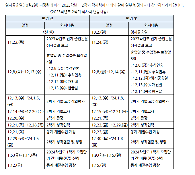 2023학년도 2학기 학사력 일부 변경 안내 이미지(1)