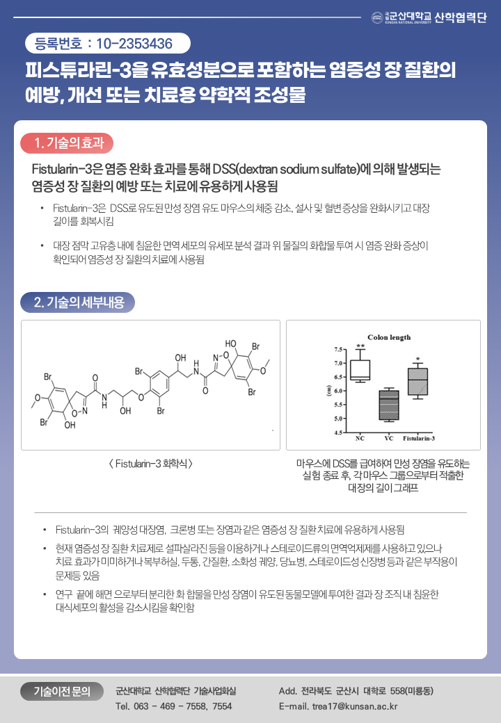 피스튜라린-3을 유효성분으로 포함하는 염증성 장 질환의 예방, 개선 또는 치료용 약학적 조성물 이미지(1)