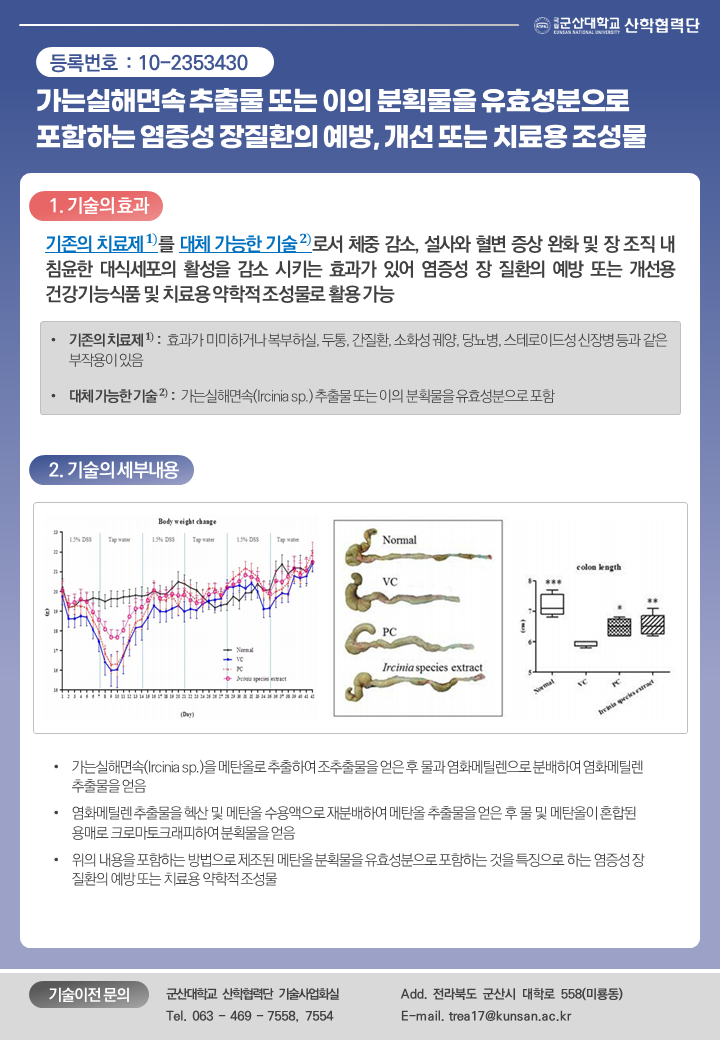 가는실해면속 추출물 또는 이의 분획물을 유효성분으로 포함하는 염증성 장질환의 예방, 개선 또는 치료용 조성물 이미지(1)