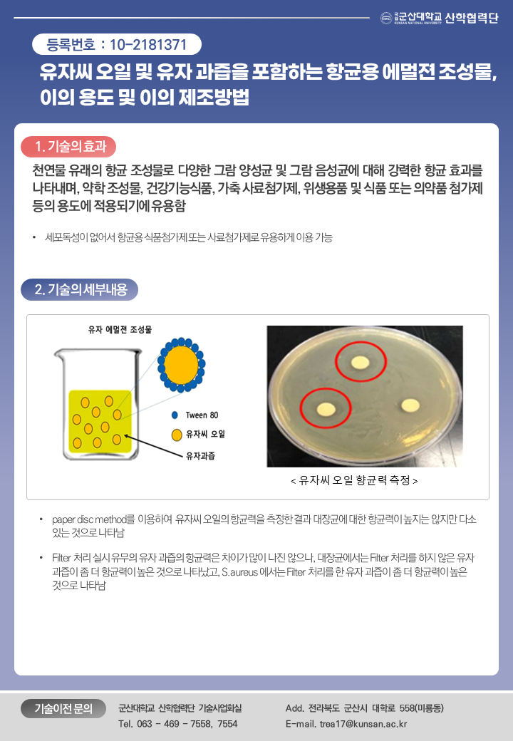 유자씨 오일 및 유자 과즙을 포함하는 항균용 에멀젼 조성물,  이의 용도 및 이의 제조방법 이미지(1)