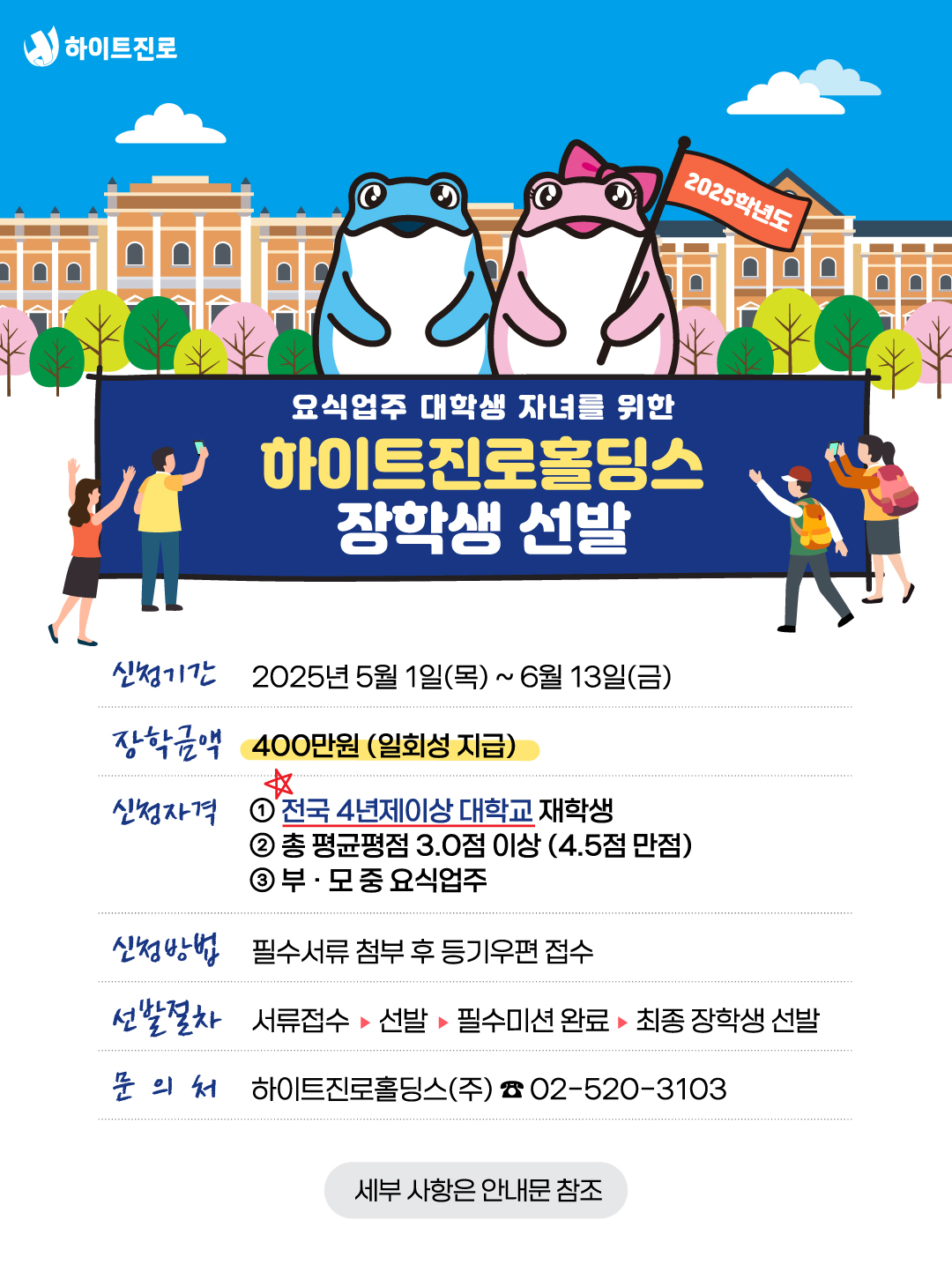 2025학년도 요식업주 대학생 자녀를 위한 하이트진로 홀딩스 장학생 선발 안내 이미지(1)