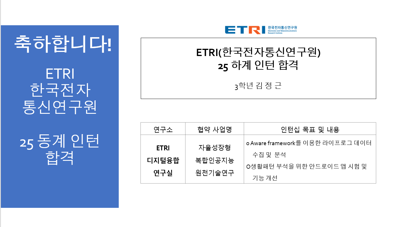 ETRI 하계 인턴 합격자(김정근)