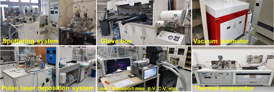 Sputtering system, Glove box, Vaccum laminator, Pulse laser deposition system, Low T transport mea., Thermal evaporator