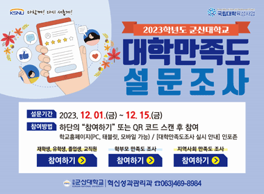 2023학년도 군산대학교 대학만족도 설문조사

설문기간 : 2023. 12. 1.(금) ~ 12. 15.(금) 
참여방법 : 하단의 “참여하기” 또는 QR 코드 스캔 후 참여

재학생, 유학생, 졸업생, 교직원 만족도조사
학부모 만족도조사
지역사회 만족도조사