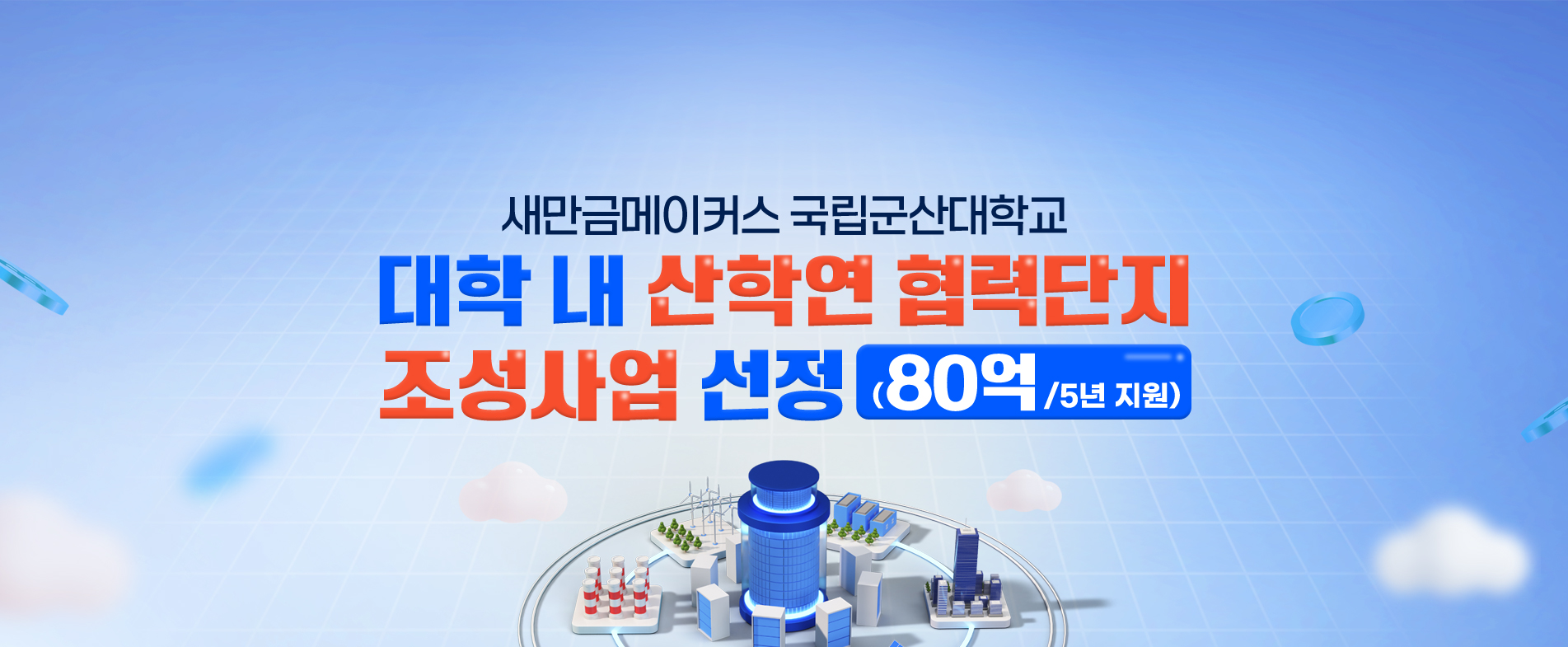 새만금메이커스 국립군산대학교
대학 내 산학연 협력단지 조성사업 선정
(80억 /5년 지원)