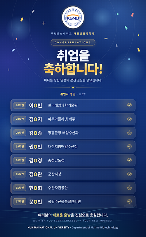 해양생명과학과 우수 취업사례
