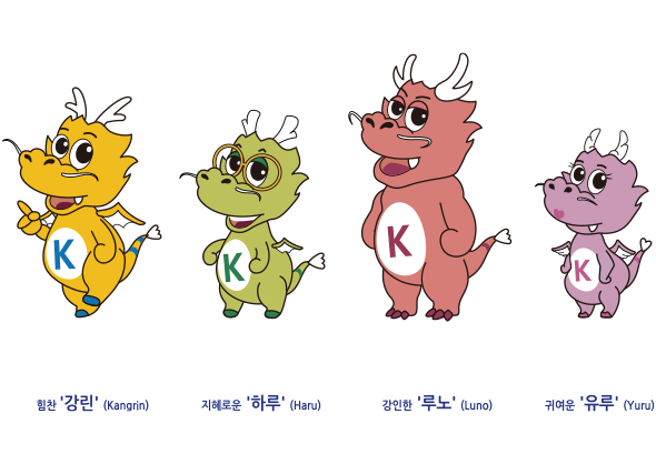 군산대 캐릭터 : 힘찬 '강린' (Kangrin) / 지혜로운 '하루' (Haru) / 강인한 '루노' (Luno) / 귀여운 '유루' (Yuru)